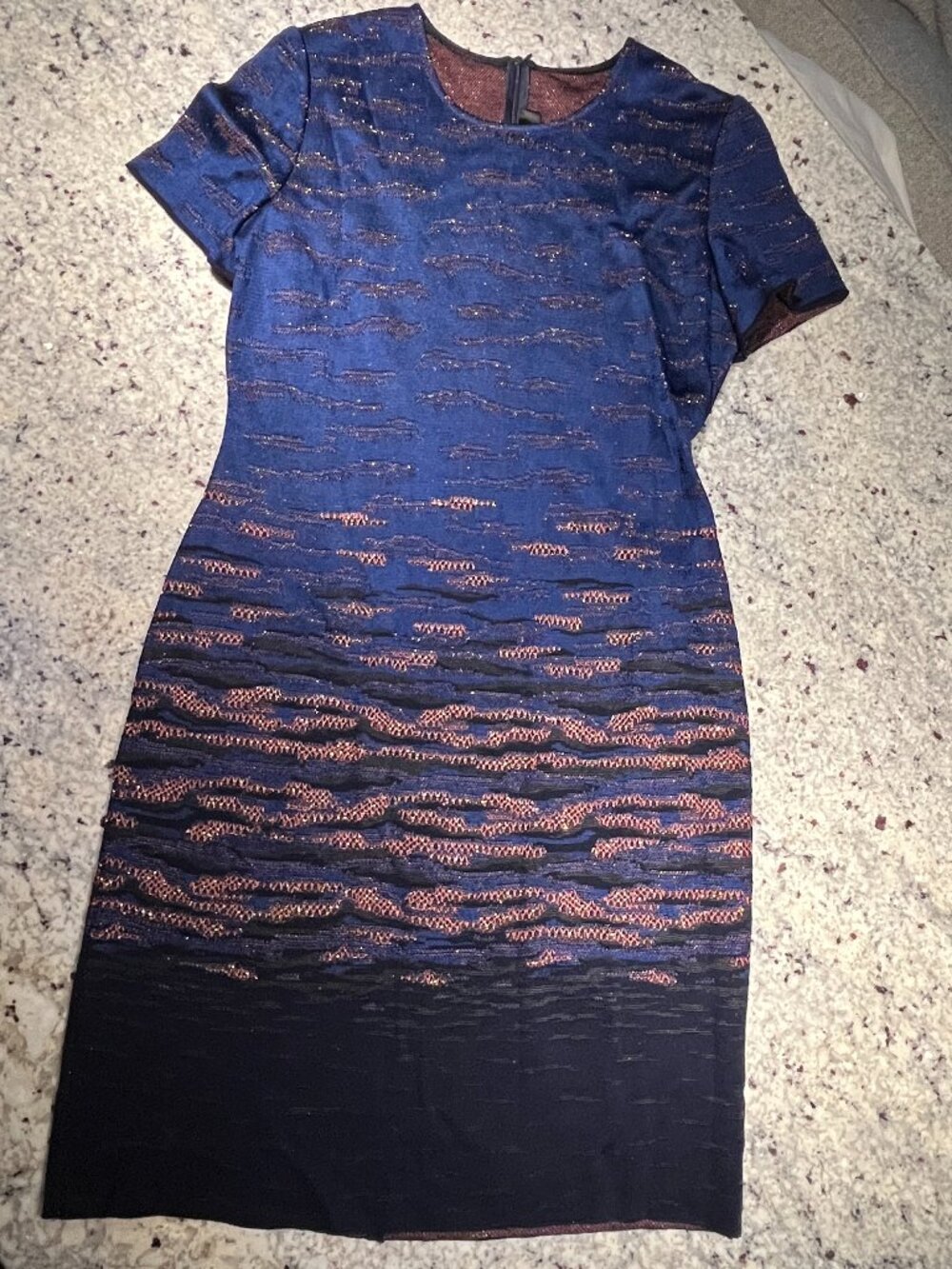 NWOT Women's ST. JOHN Knits Sunset Shimmer Jacquard Dress Blue Black Copper 8